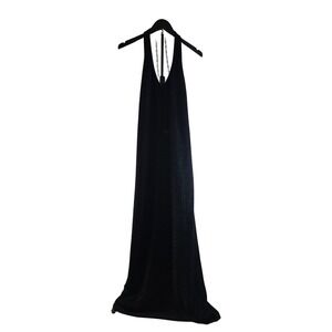 Black Shimmer Halter Maxi Dress Open Back Beaded Chain Detail Formal Gown